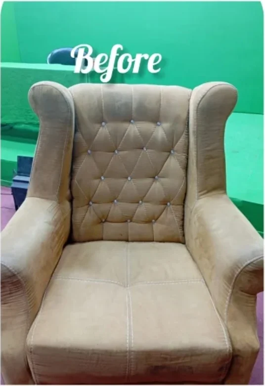 Tan wingback chair before cleaning